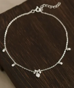 Lắc Chân Bạc Hình Nơ Treo Trái Tim Đính Đá - Heart Bow Tie