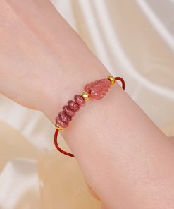 Vòng Tay Dây Cáp Đồng Điếu Thạch Anh Dâu Tây Hồng Mix Hồ Ly